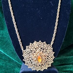 Vintage Filigree Amber Colored Rhinestone Brooch/Pendant Perfume Locket Necklace